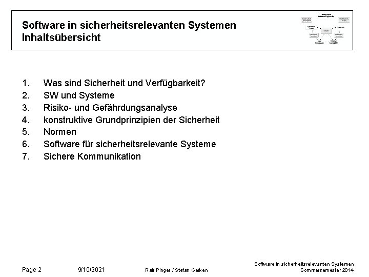 Software in sicherheitsrelevanten Systemen Inhaltsübersicht 1. 2. 3. 4. 5. 6. 7. Page 2