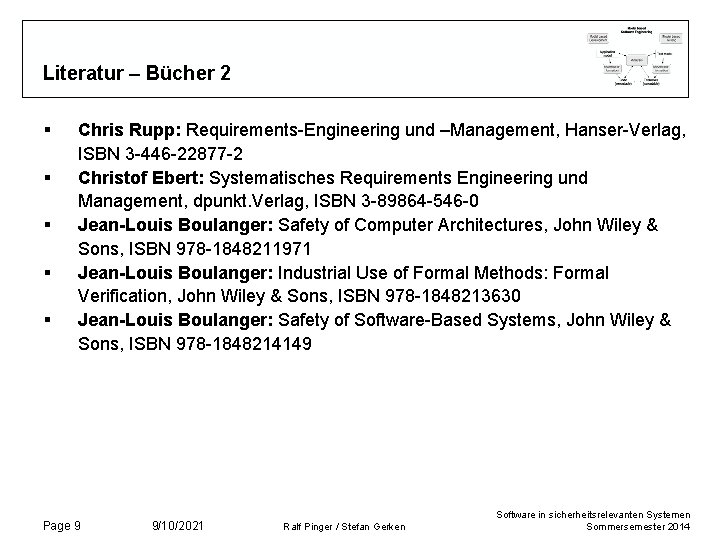Literatur – Bücher 2 § § § Chris Rupp: Requirements-Engineering und –Management, Hanser-Verlag, ISBN