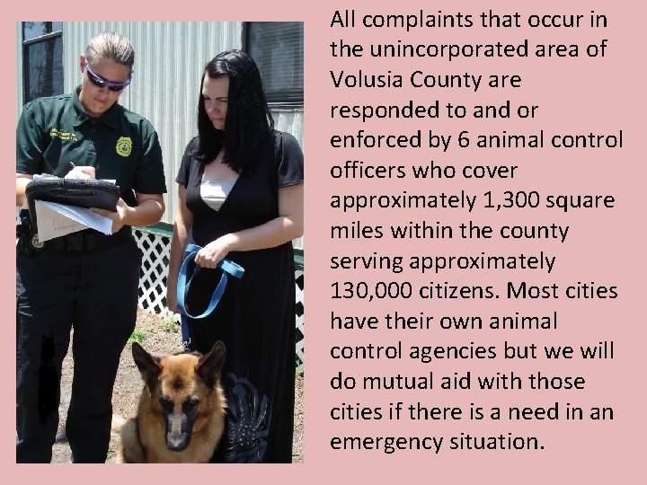 All complaints that occur in the unincorporated area of Volusia County are responded to