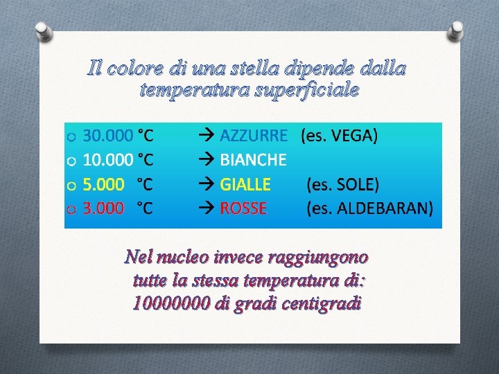 Il colore di una stella dipende dalla temperatura superficiale Nel nucleo invece raggiungono tutte