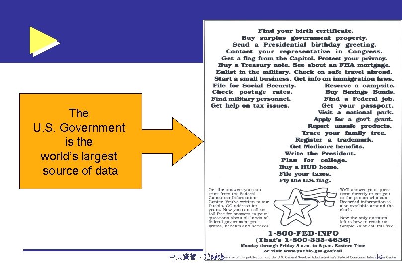 The U. S. Government is the world’s largest source of data 中央資管：范錚強 13 