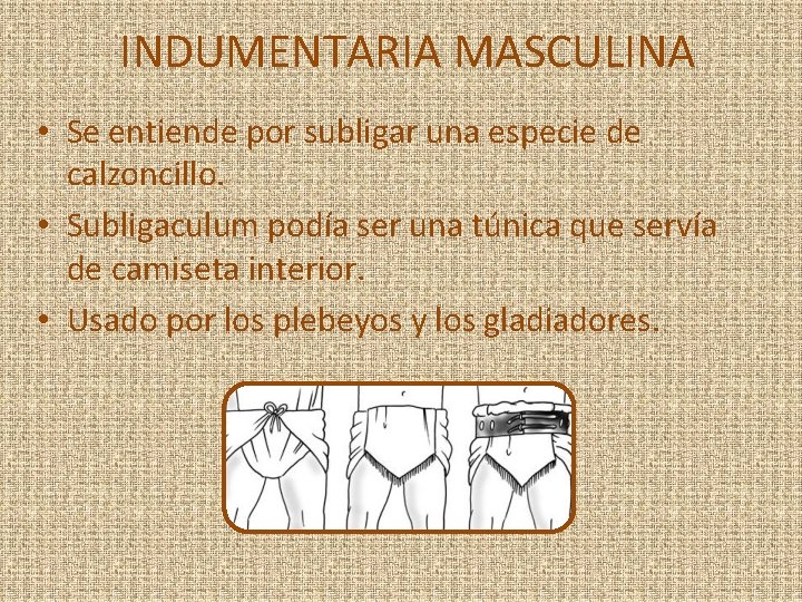 INDUMENTARIA MASCULINA • Se entiende por subligar una especie de calzoncillo. • Subligaculum podía