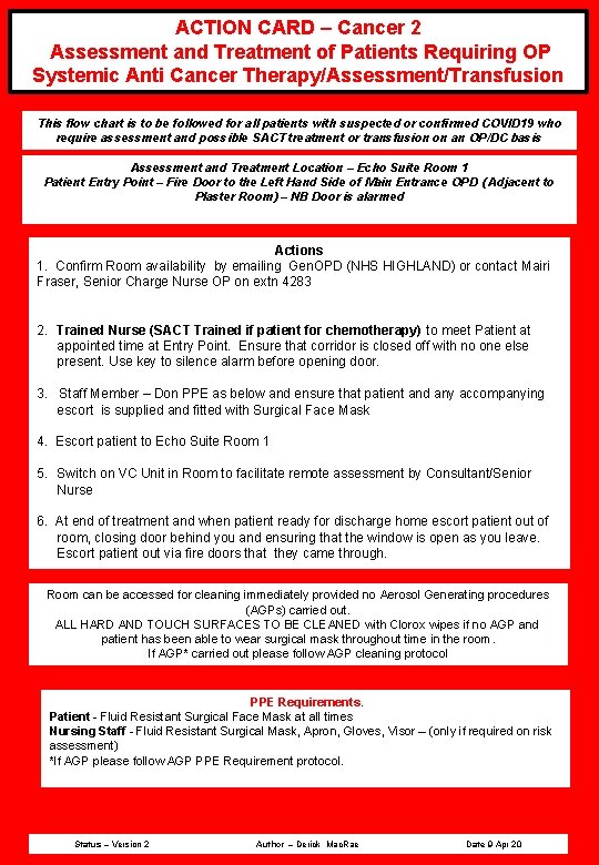 ACTION CARD – Cancer 2 Assessment and Treatment of Patients Requiring OP Systemic Anti