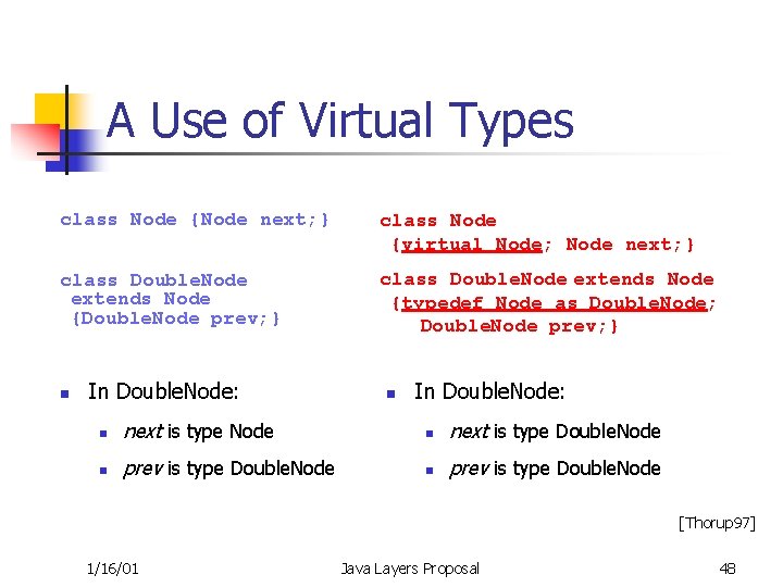 A Use of Virtual Types class Node {Node next; } class Node {virtual Node;