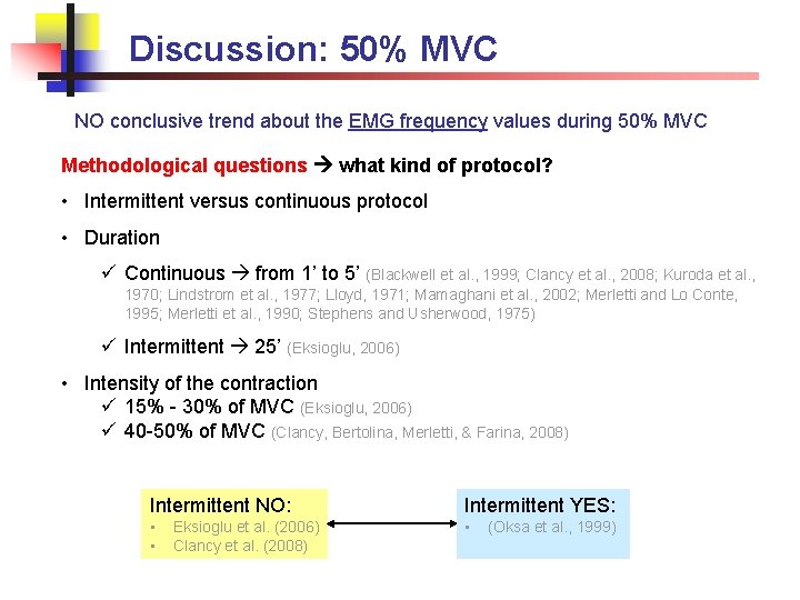 Discussion: 50% MVC NO conclusive trend about the EMG frequency values during 50% MVC