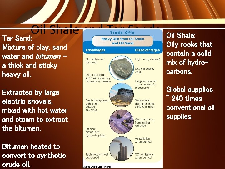 Oil Shale and Tar Sands Tar Sand: Mixture of clay, sand water and bitumen