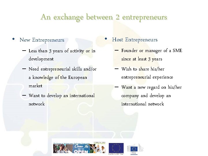 An exchange between 2 entrepreneurs • New Entrepreneurs – Less than 3 years of