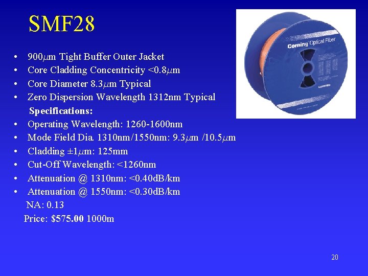 SMF 28 • • • 900 mm Tight Buffer Outer Jacket Core Cladding Concentricity