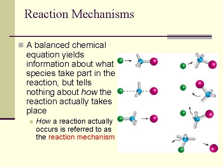 Reaction Mechanisms n A balanced chemical equation yields information about what species take part