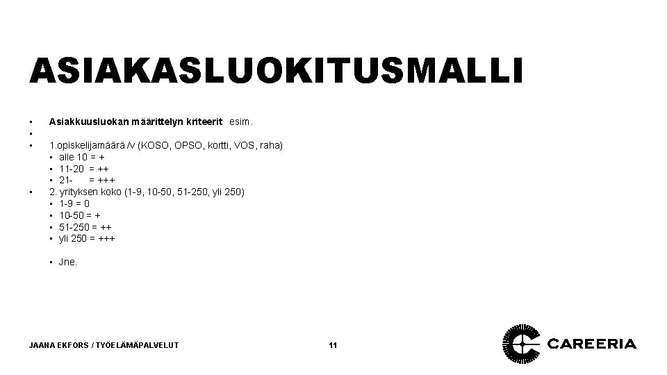 ASIAKASLUOKITUSMALLI • • Asiakkuusluokan määrittelyn kriteerit esim. 1. opiskelijamäärä /v (KOSO, OPSO, kortti, VOS,