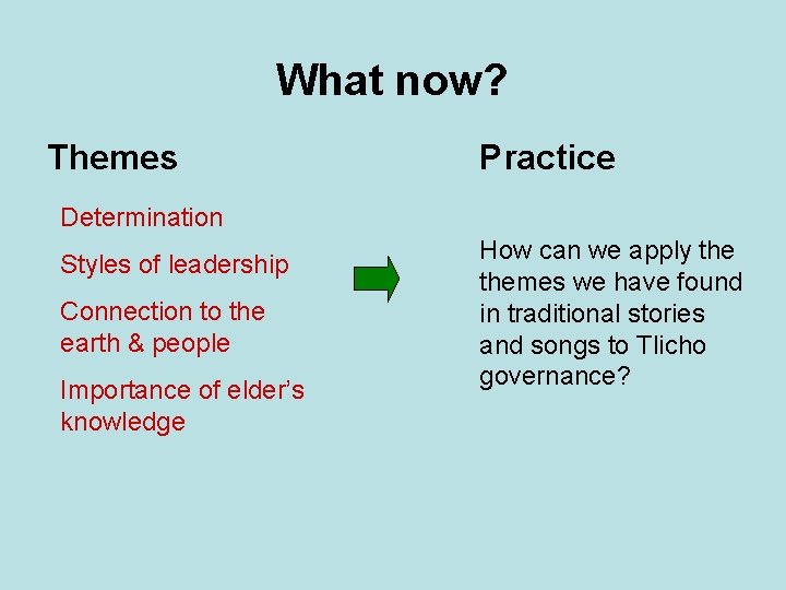 What now? Themes Practice Determination Styles of leadership Connection to the earth & people