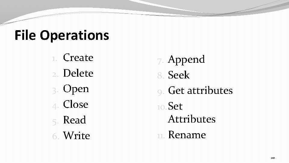 File Operations 1. Create 7. Append 2. Delete 8. Seek 3. Open 9. Get