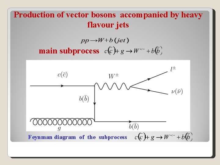 Production of vector bosons accompanied by heavy flavour jets main subprocess Feynman diagram of