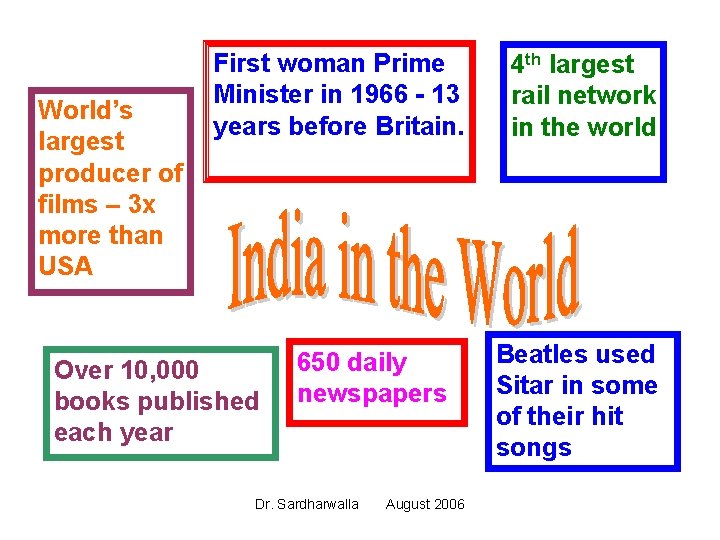 World’s largest producer of films – 3 x more than USA First woman Prime