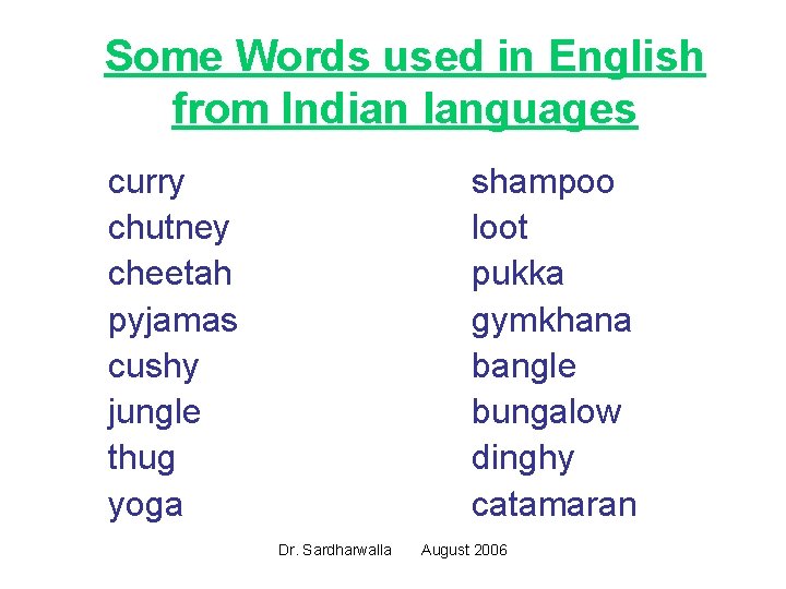 Some Words used in English from Indian languages curry chutney cheetah pyjamas cushy jungle