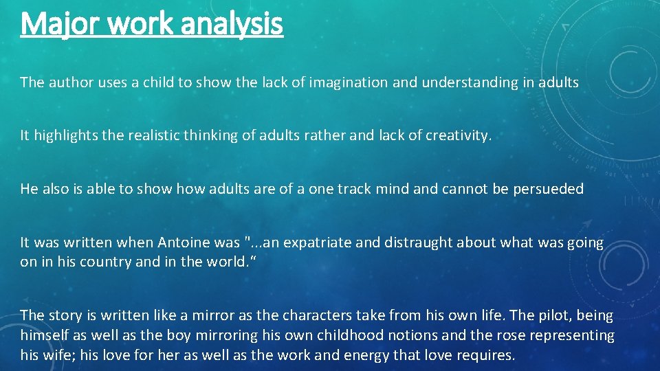 Major work analysis The author uses a child to show the lack of imagination