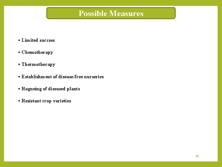 Possible Measures § Limited success § Chemotherapy § Thermotherapy § Establishment of disease-free nurseries