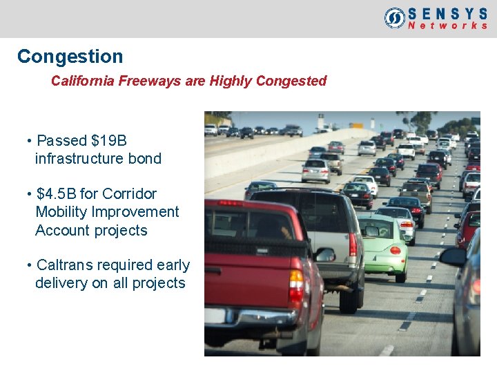 Congestion California Freeways are Highly Congested • Passed $19 B infrastructure bond • $4.