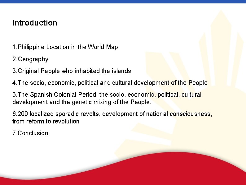 Introduction 1. Philippine Location in the World Map 2. Geography 3. Original People who