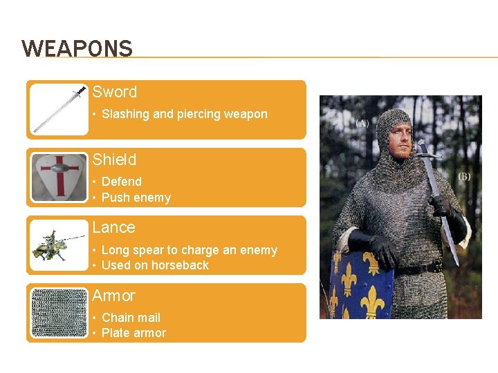 WEAPONS Sword • Slashing and piercing weapon Shield • Defend • Push enemy Lance