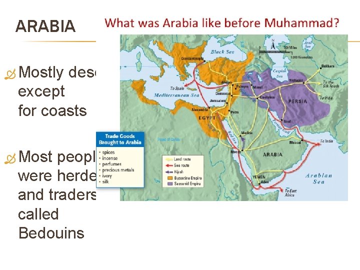 ARABIA Mostly desert except for coasts Most people were herders and traders called Bedouins