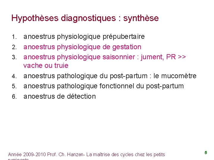 Hypothèses diagnostiques : synthèse 1. 2. 3. 4. 5. 6. anoestrus physiologique prépubertaire anoestrus