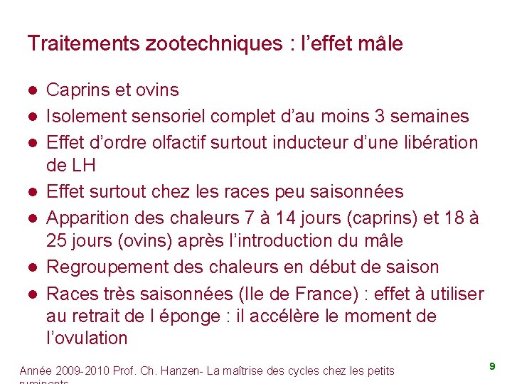 Traitements zootechniques : l’effet mâle l l l l Caprins et ovins Isolement sensoriel