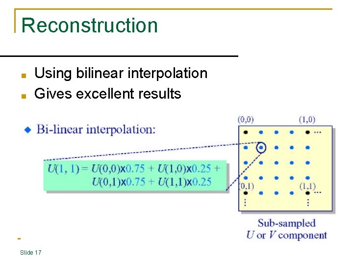 Reconstruction ■ ■ Using bilinear interpolation Gives excellent results Slide 17 