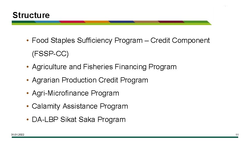 Structure • Food Staples Sufficiency Program – Credit Component (FSSP-CC) • Agriculture and Fisheries