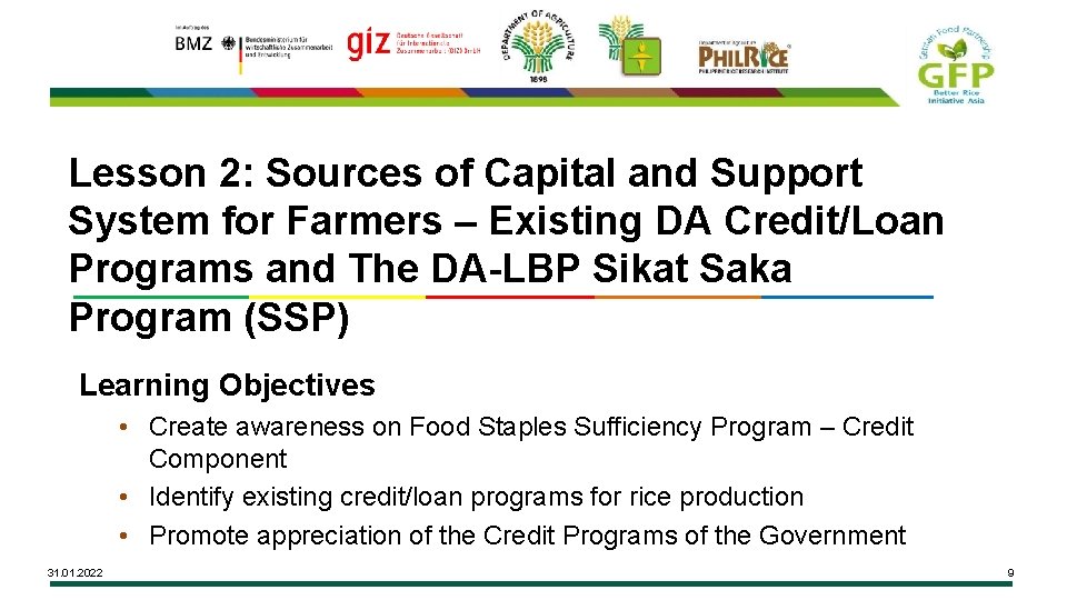 Lesson 2: Sources of Capital and Support System for Farmers – Existing DA Credit/Loan