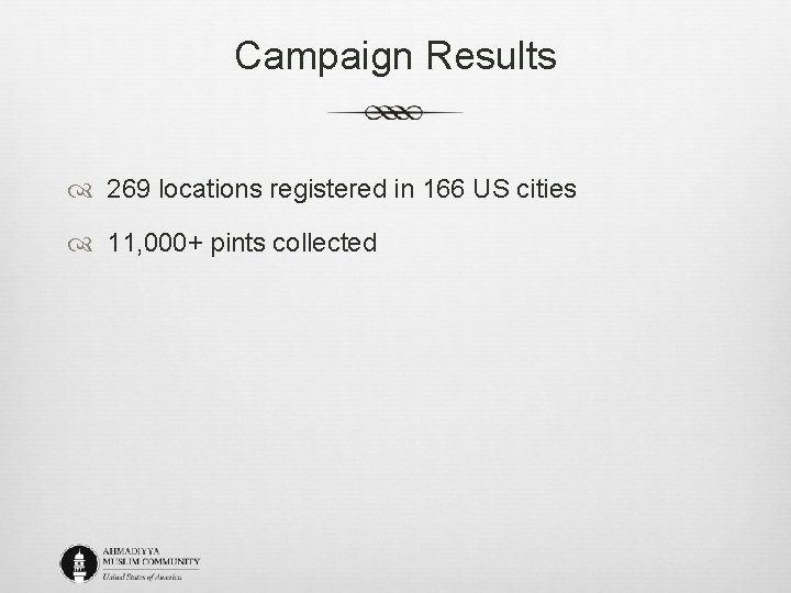 Campaign Results 269 locations registered in 166 US cities 11, 000+ pints collected 