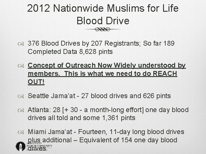 2012 Nationwide Muslims for Life Blood Drive 376 Blood Drives by 207 Registrants; So