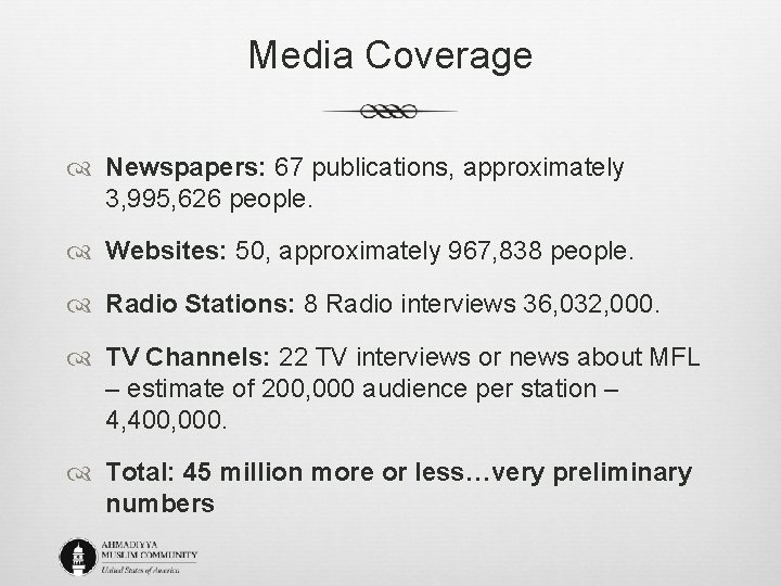 Media Coverage Newspapers: 67 publications, approximately 3, 995, 626 people. Websites: 50, approximately 967,