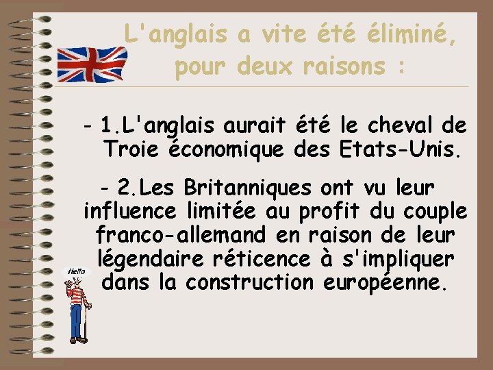 L'anglais a vite été éliminé, pour deux raisons : - 1. L'anglais aurait été