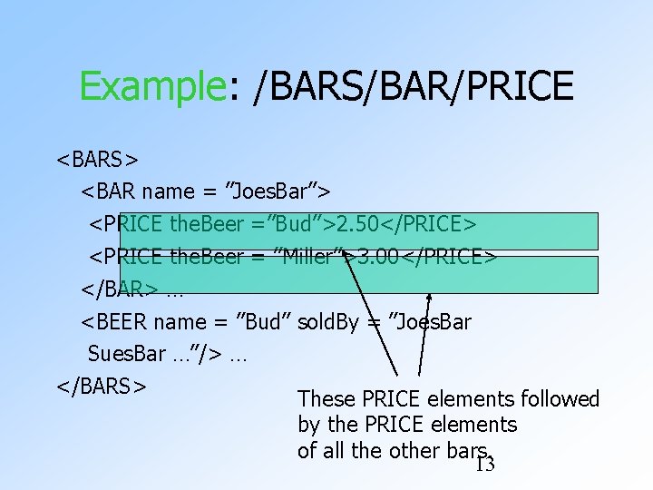 Example: /BARS/BAR/PRICE <BARS> <BAR name = ”Joes. Bar”> <PRICE the. Beer =”Bud”>2. 50</PRICE> <PRICE Example: /BARS/BAR/PRICE <BARS> <BAR name = ”Joes. Bar”> <PRICE the. Beer =”Bud”>2. 50</PRICE> <PRICE