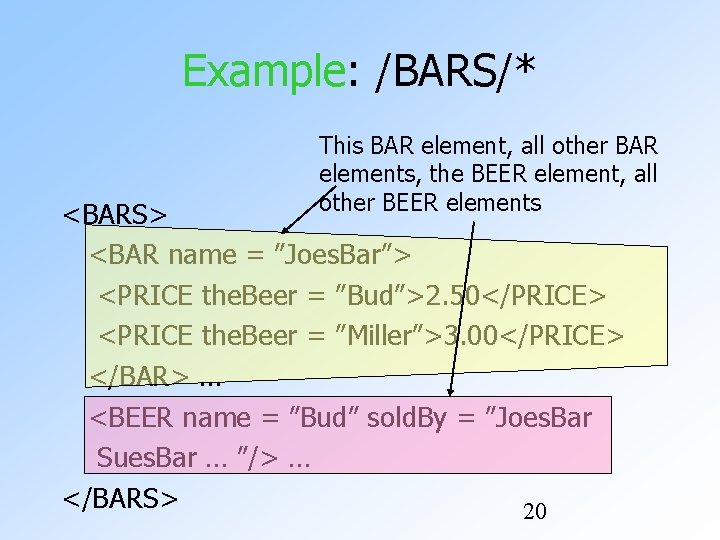Example: /BARS/* This BAR element, all other BAR elements, the BEER element, all other Example: /BARS/* This BAR element, all other BAR elements, the BEER element, all other