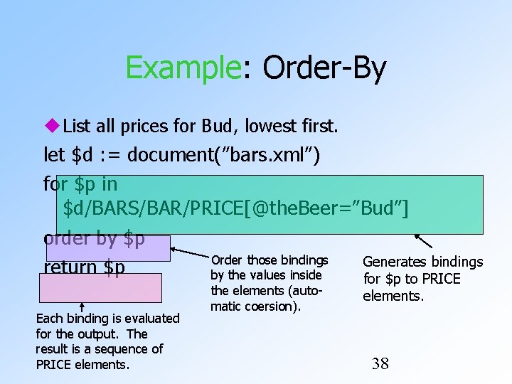 Example: Order-By List all prices for Bud, lowest first. let $d : = document(”bars. Example: Order-By List all prices for Bud, lowest first. let $d : = document(”bars.
