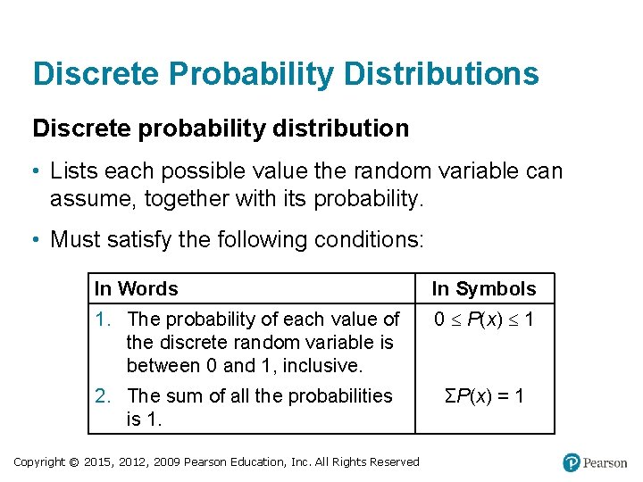 Discrete Probability Distributions Discrete probability distribution • Lists each possible value the random variable