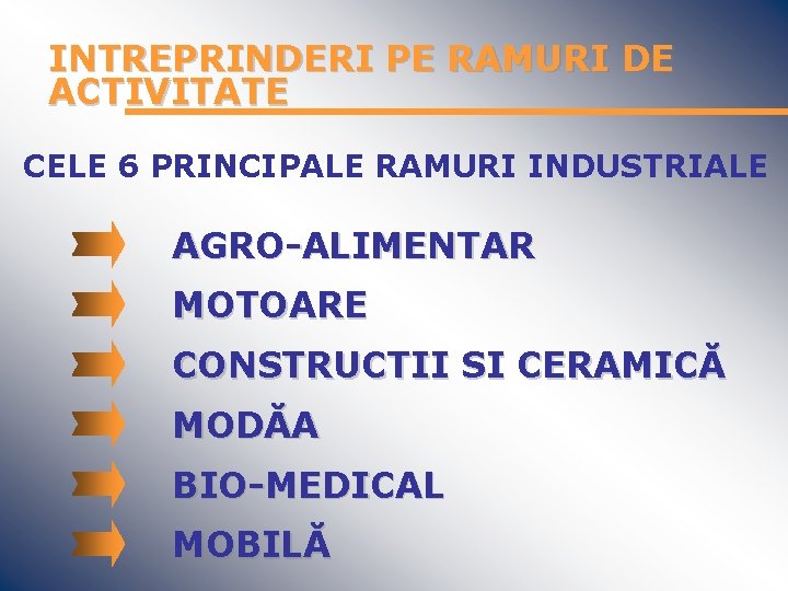 INTREPRINDERI PE RAMURI DE ACTIVITATE CELE 6 PRINCIPALE RAMURI INDUSTRIALE AGRO-ALIMENTAR MOTOARE CONSTRUCTII SI