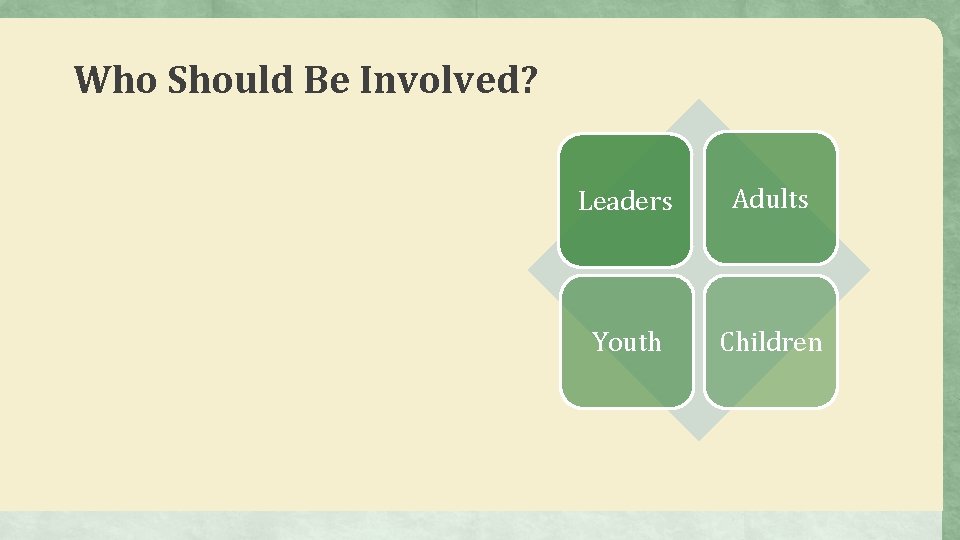 Who Should Be Involved? Leaders Adults Youth Children 