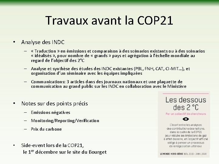 Travaux avant la COP 21 • Analyse des INDC – « Traduction » en