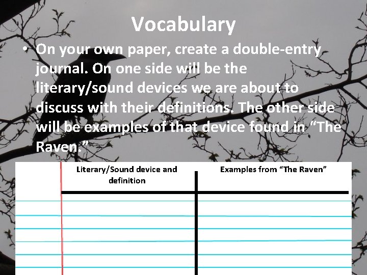 Vocabulary • On your own paper, create a double-entry journal. On one side will