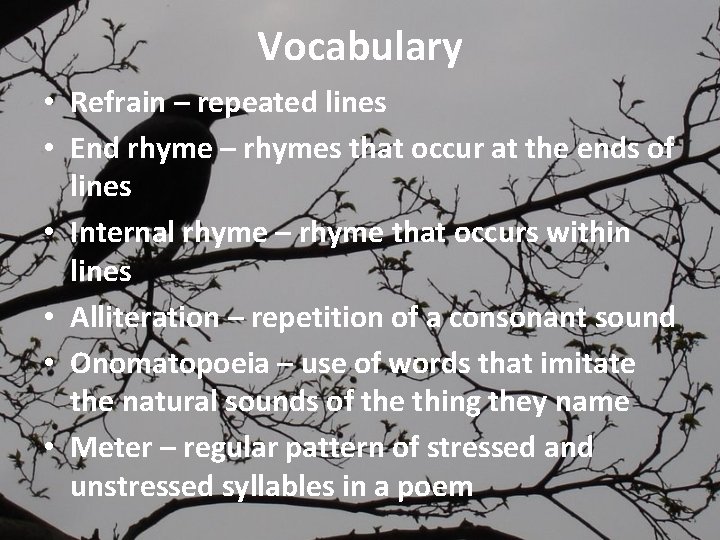 Vocabulary • Refrain – repeated lines • End rhyme – rhymes that occur at