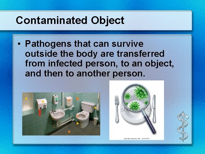 Contaminated Object • Pathogens that can survive outside the body are transferred from infected