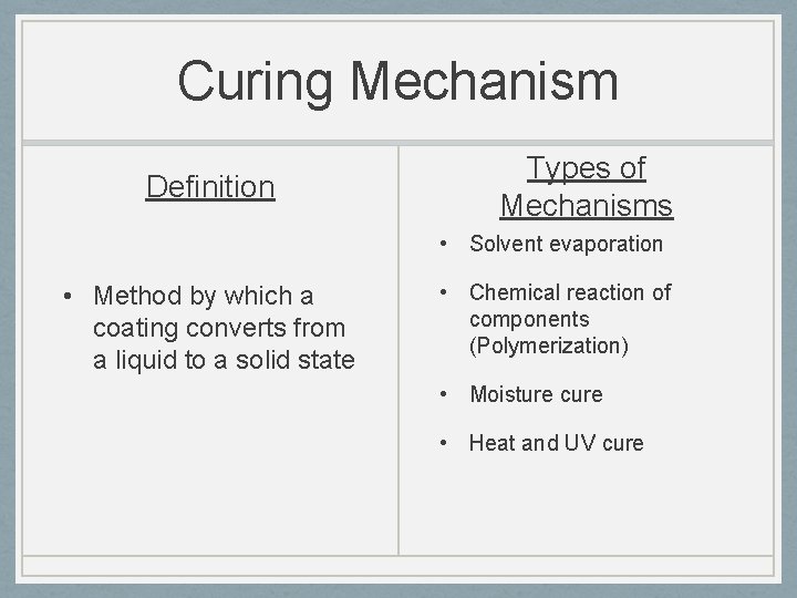 Curing Mechanism Definition Types of Mechanisms • Solvent evaporation • Method by which a
