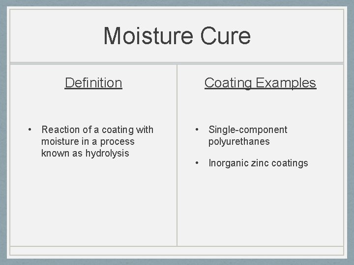 Moisture Cure Definition • Reaction of a coating with moisture in a process known