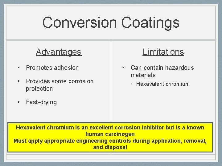 Conversion Coatings Advantages • Promotes adhesion • Provides some corrosion protection Limitations • Can