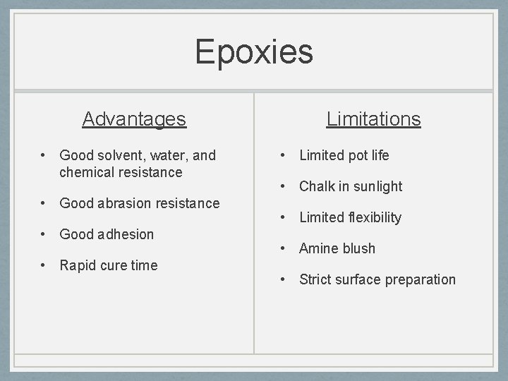 Epoxies Advantages • Good solvent, water, and chemical resistance • Good abrasion resistance •