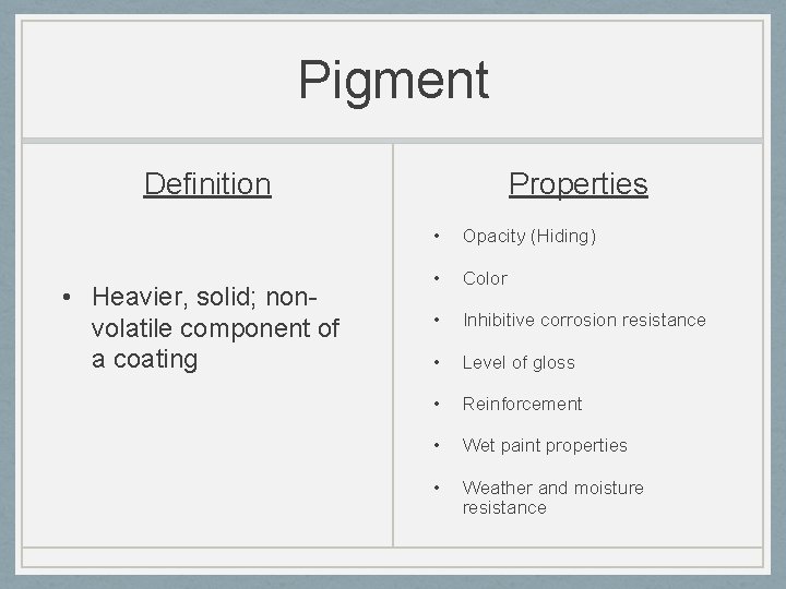 Pigment Definition • Heavier, solid; nonvolatile component of a coating Properties • Opacity (Hiding)