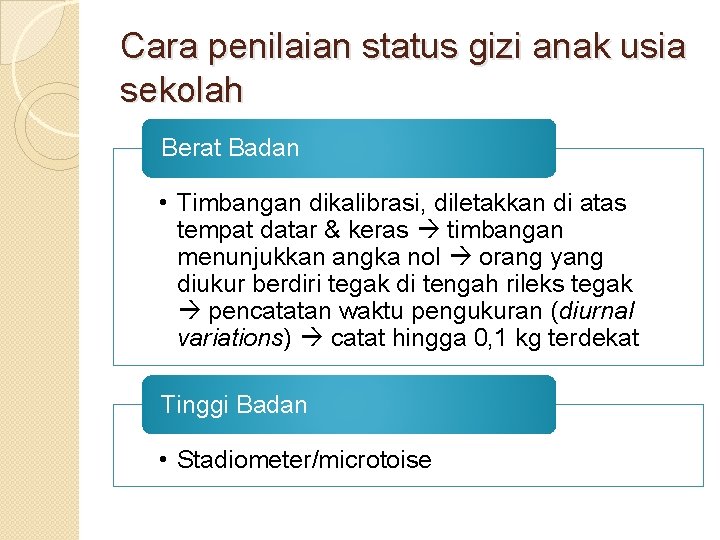 Cara penilaian status gizi anak usia sekolah Berat Badan • Timbangan dikalibrasi, diletakkan di